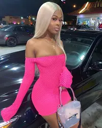BKLD Women Off Shoulder Dress Mesh Bodycon Mini Dress Sexy Club Wear 2026 Spring New Arrival Solid Long Sleeve Strapless Dress