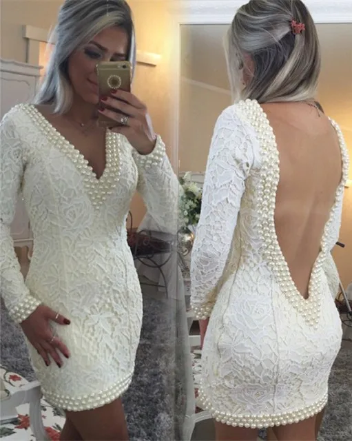 Vestido de noche corto personalizado para madre de la novia, prenda sexy de manga larga con espalda descubierta y cuello en V, con encaje de perlas, 2018