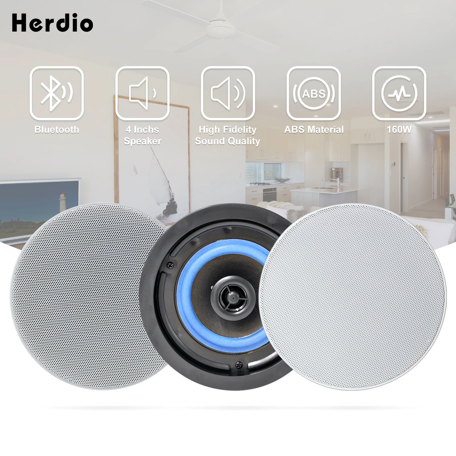 Herdio 4'' 160W Flush Mount 2 Way Full Range In Wall Bluetooth Ceiling Speakers Great For Kitchen Bedroom Covered Porches A Pair