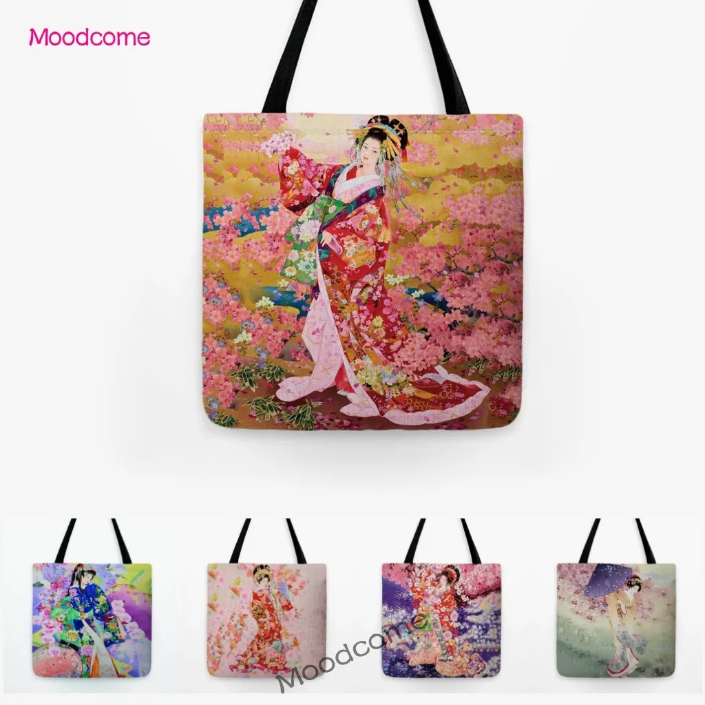 Foldable Japanese Geisha Floral Beautiful Girl Art Fashion Woman Shoulder Bag Shopping Grocery Tote Bag  Cotton Linen Lady Bag