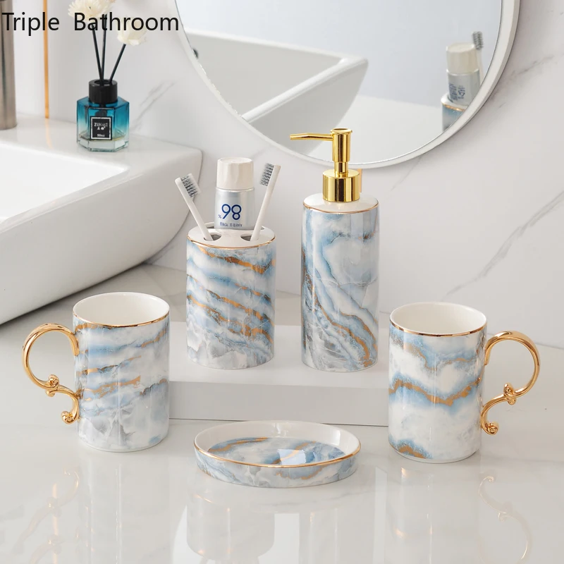 

Light Luxury Five Piece Set Ceramics Home Liquid Soap Dispenser Toothbrush Holder Tooth Mug Soap Dish Bathroom Toiletry Set