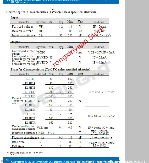 EL3H7(B)(TA)-G Marquage: EL3H7 SOP-4 EL3H7(B)(TA) EL3H7(B) 4 Broches SSOP PHOTONATO SISTOR PHOTOCOUPLER 100% Nouveau Original