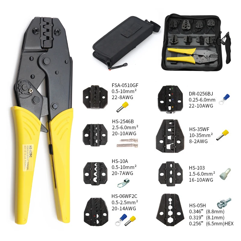 Crimping Pliers HS-03BC 8 Jaw For Plug /Tube/Insulation/No Insulation/Crimping Cap/Coaxial Cable Terminals Kit 230mm Clamp Tools