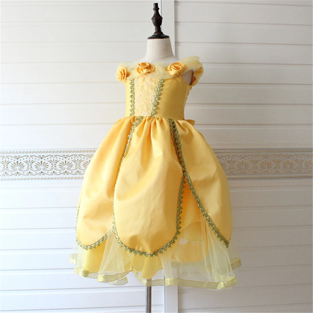 Criança menina belle vestido de beleza e besta halloween criança cosplay traje festa amarelo fofo concurso vestidos de fadas princesa peruca