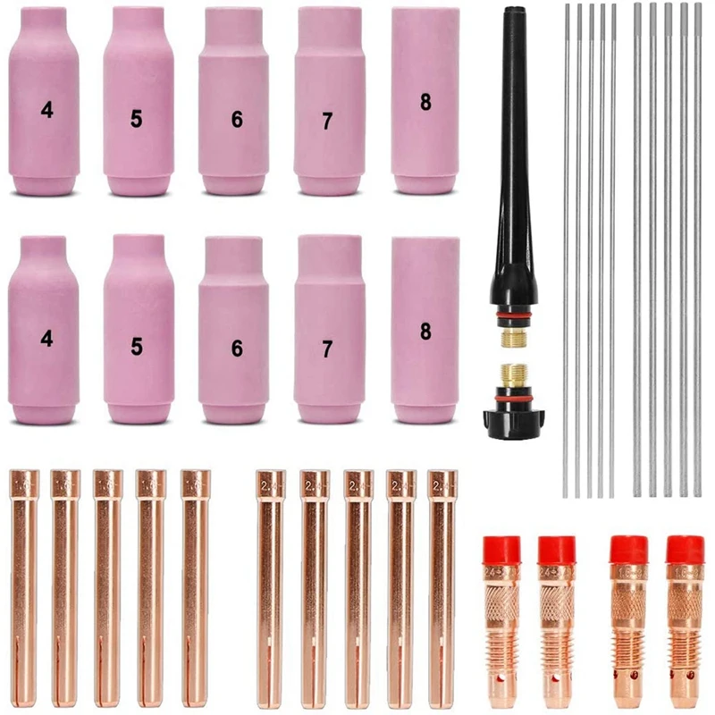 TIG Welding Accessories Set, Adapter Sleeves+ Housing+ Ceramic Nozzles+ Tungsten Electrodes For WP-26 TIG Welding Torch CNIM Hot