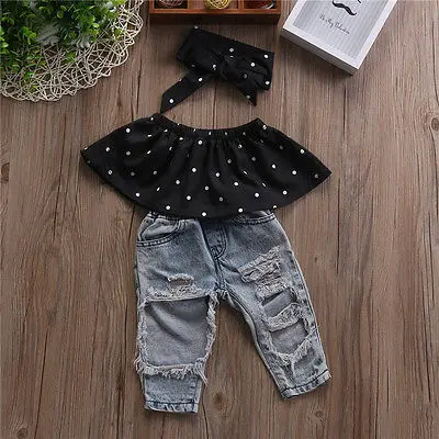 New Fashion Toddler Baby Girls Clothes Black Blouse Top Hole Casual Denim Pants Outfits Set