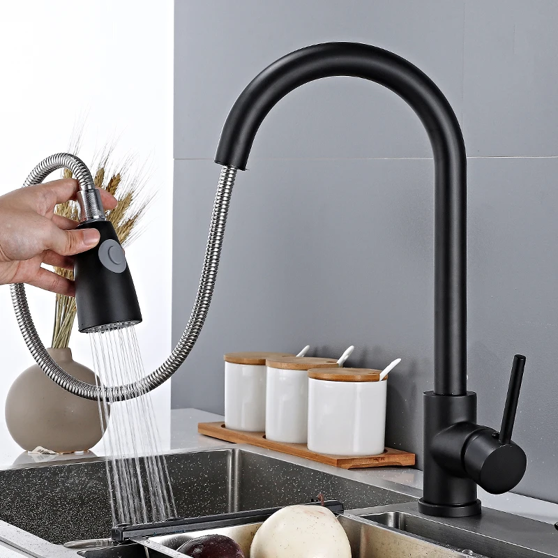 

Black stainless steel Kitchen Faucet Hot and Cold Mixer Taps Pull out Side Sprayer Dual Spout Faucet 360 Rotation Kitchen Faucet