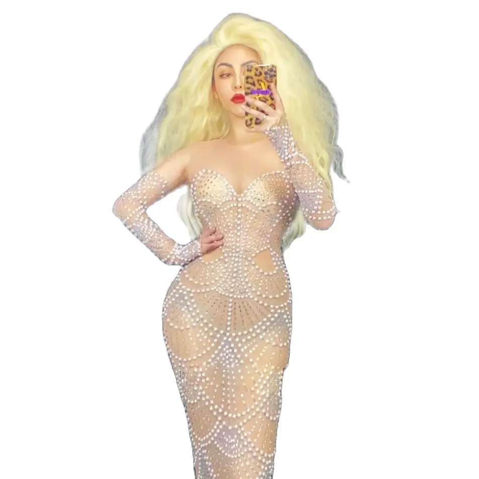 

Sexy Crystals Pearls Mesh Dress Prom Evening Singer party dress gogo Transparent Multicolor Rhinestones Costume