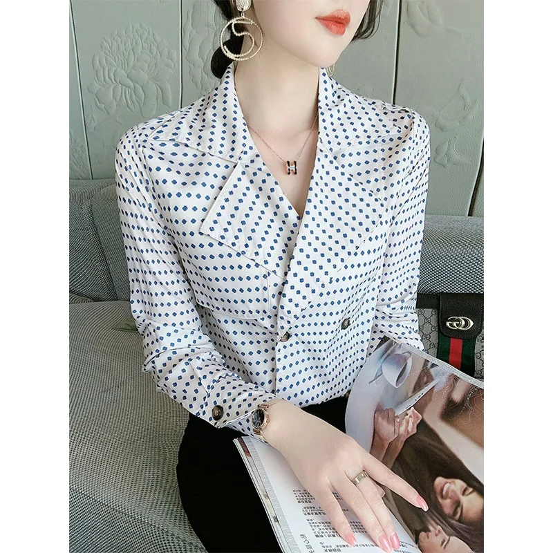 (made by yihaodi) suit collar wave point shirt women's 2021 autumn new Korean loose and versatile fashion style women's top