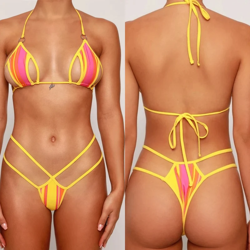 Sexy Halter Hollow Out Micro Bikini 2023 New Women\'s Swimsuit Neon Swimwear Women Summer Backless Lace Up Bikinis Bathing Suit