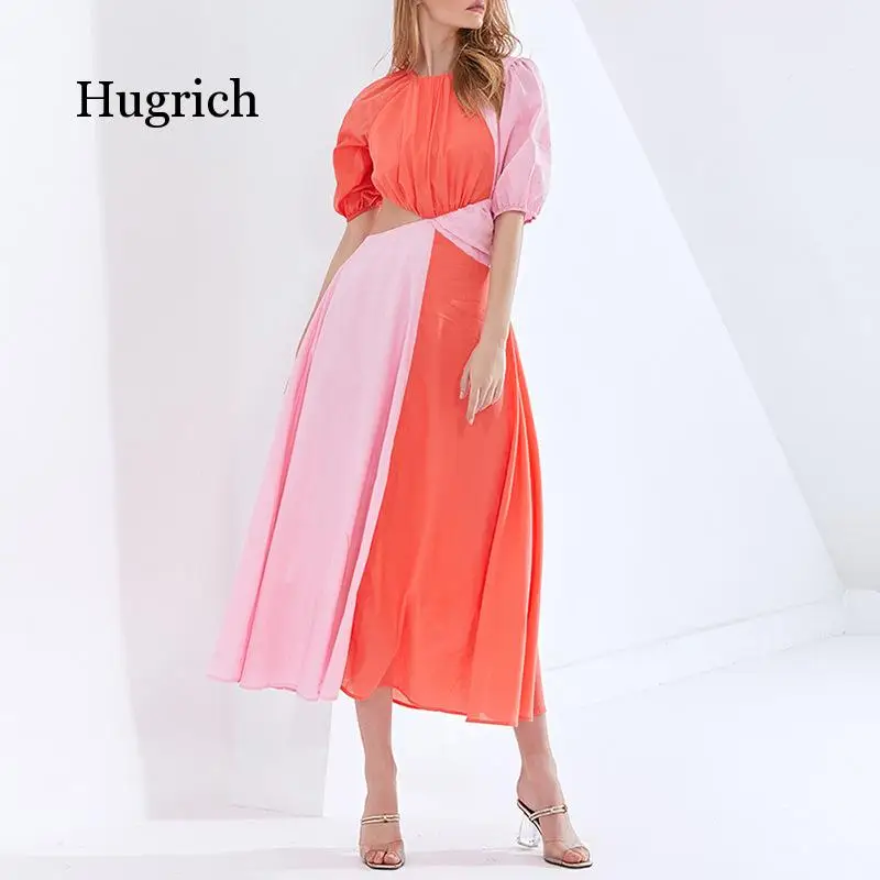 

Patchwork Hit Color Asymmetrical Summer Dress for Female Puff Sleeve High Waist Hollow Out Dresses Women 2021 New