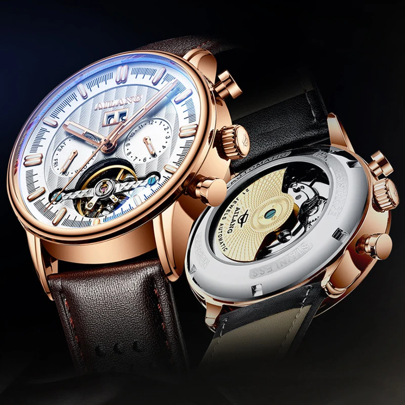 Imagem -03 - Ailang Homens Turbilhão Relógios de Pulso Luminosa Impermeável Rose Gold Case Relógio Mecânico de Couro Nova Moda 201 2023