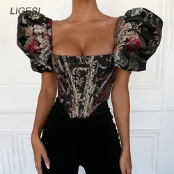 Tops cortos sin tirantes con cuello cuadrado para mujer, camisa de manga abombada bordada, Sexy, Blusa con Espalda descubierta, Top corto elegante con cremallera