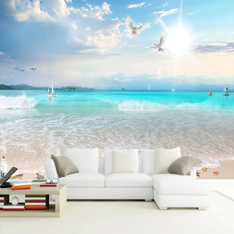 

Custom Photo Wallpaper 3D Blue Sky And White Cloud Beach Seascape Murals Living Room TV Sofa Hotel Background Art Wall Painting