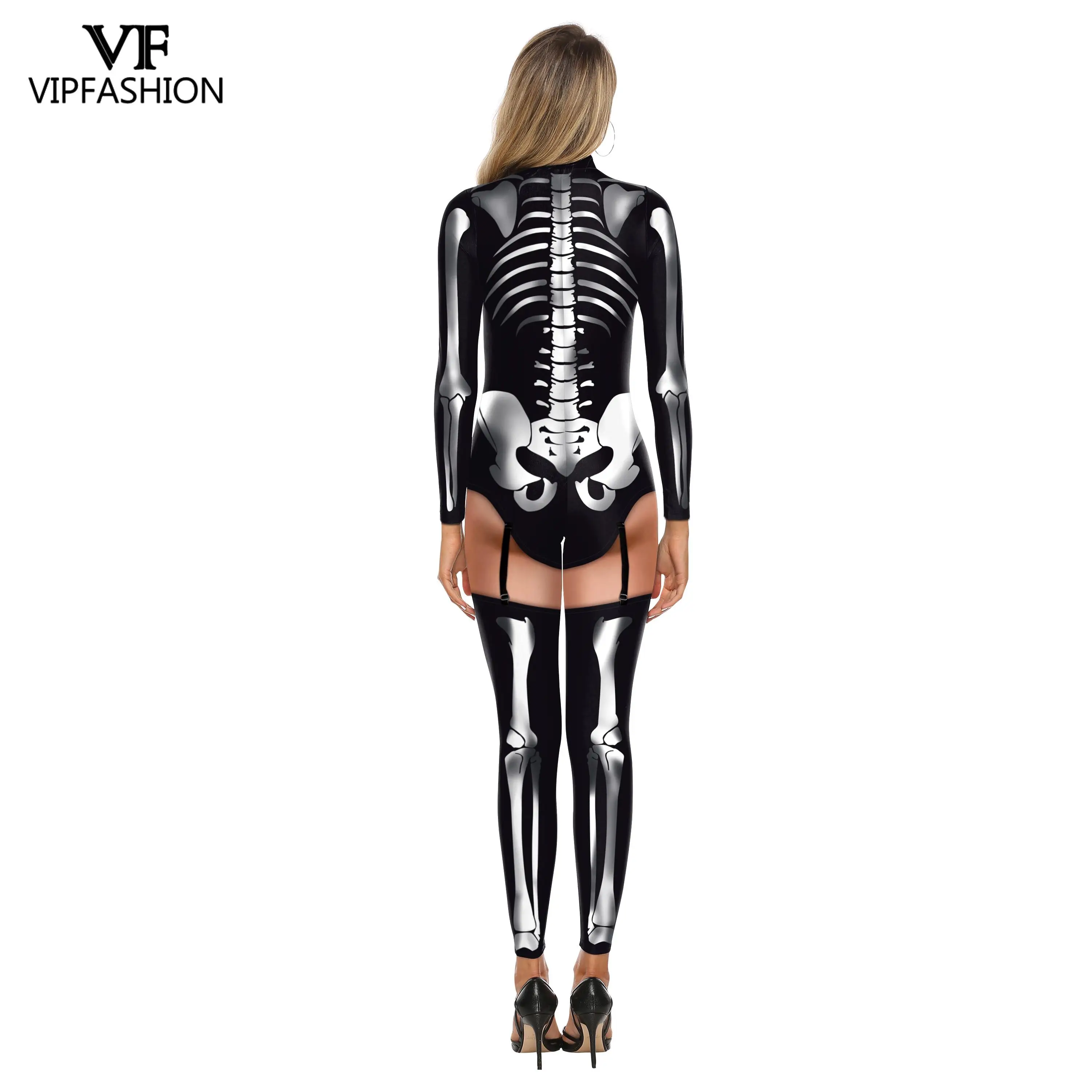 VIP FASHION Cosplay Skeleton Printed Jumpsuit Carnival Party Clothes Onesies Outfits Romper Bodysuit Halloween Costume For Women