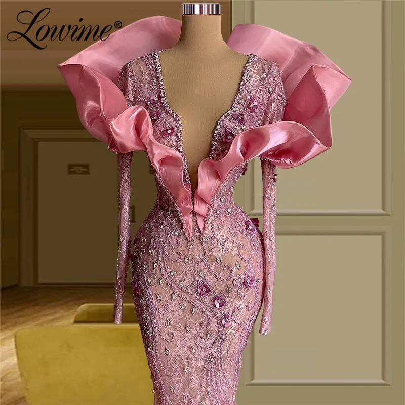 Lowime-vestidos de noche con cuentas árabes para mujer, ropa Formal de manga larga con encaje de sirena para baile de graduación, Dubai, talla grande, 2022