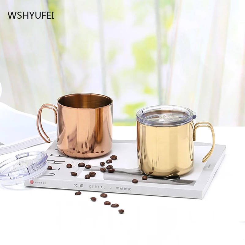 WSHYUFEI Double-layer Stainless Steel Golden Coffee Cup Breakfast Cup Couple Mug Milk Afternoon Tea Cup Holiday Birthday Gifts