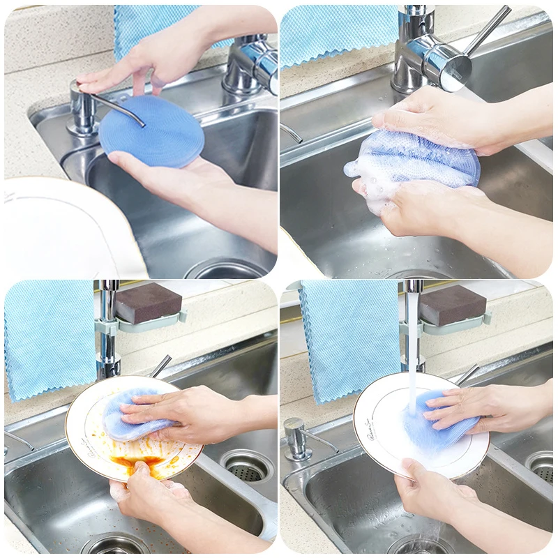 Silicone Kitchen Cleaning Brush Dishwashing Brush Fruit Vegetable Cleaning Brushes Pot Pan Sponge Scouring Pads Cleaning Tools