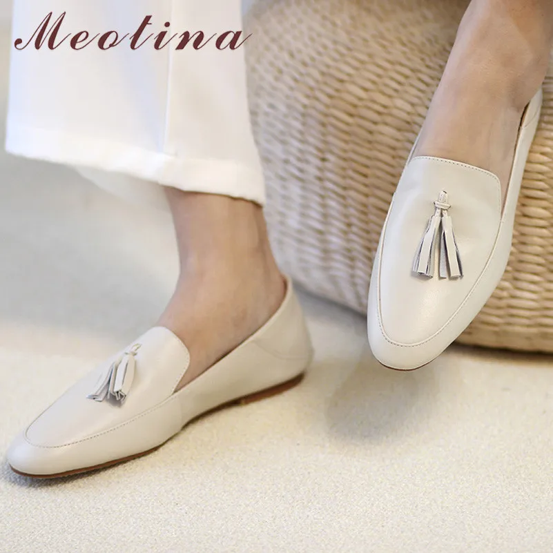 Meotina Genuine Leather Flat Loafers Shoes Women Round Toe Shoes Cow Leather Fringe Flats Footwear Ladies Casual Shoes White 40