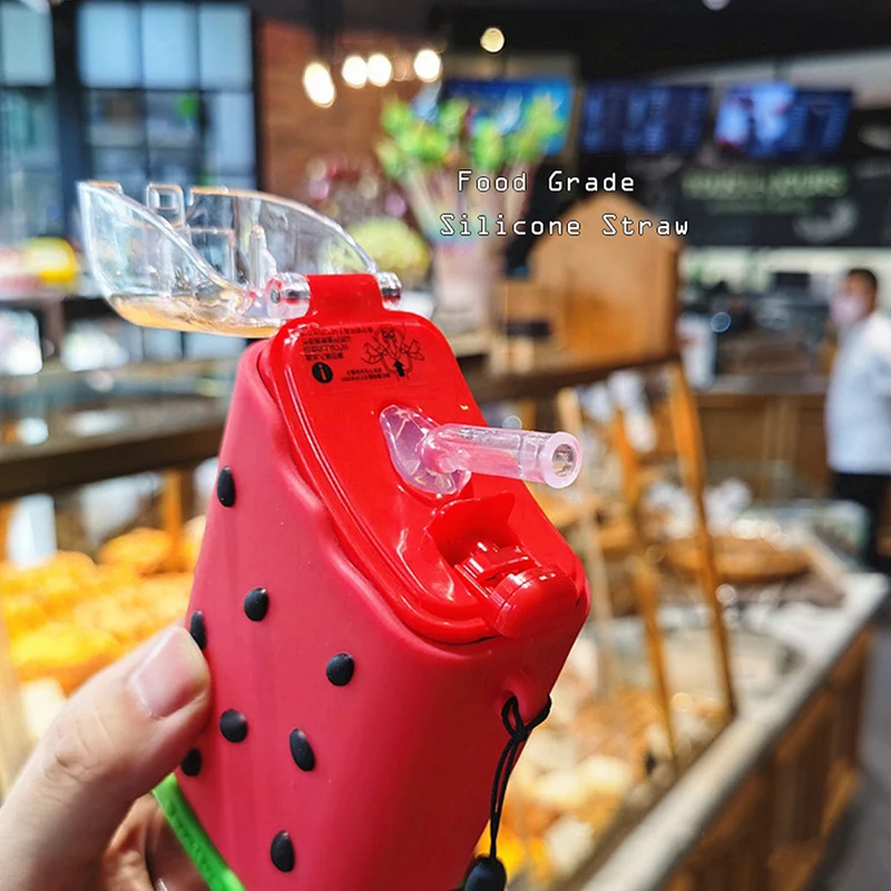 Cute Ice Cream Plastic Water Bottle With Straw Strap Popsicle Water Bottle Watermelon Kettle Leakproof Tritan Bottle BPA Free Cu