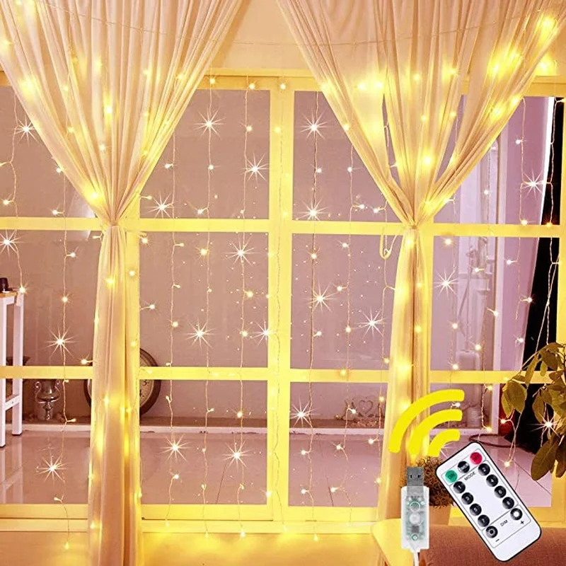 Guirlande lumineuse rideau LED USB, 3M x 3M, féerique, Flash, télécommande pour nouvel an, noël, intérieur, mariage, décoration de maison