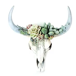 Succulent Flower Resin Bull Cow Skull Skeleton Head Wall Hanging 3D Animal Sculpture Figurines Crafts for Home Halloween Decor
