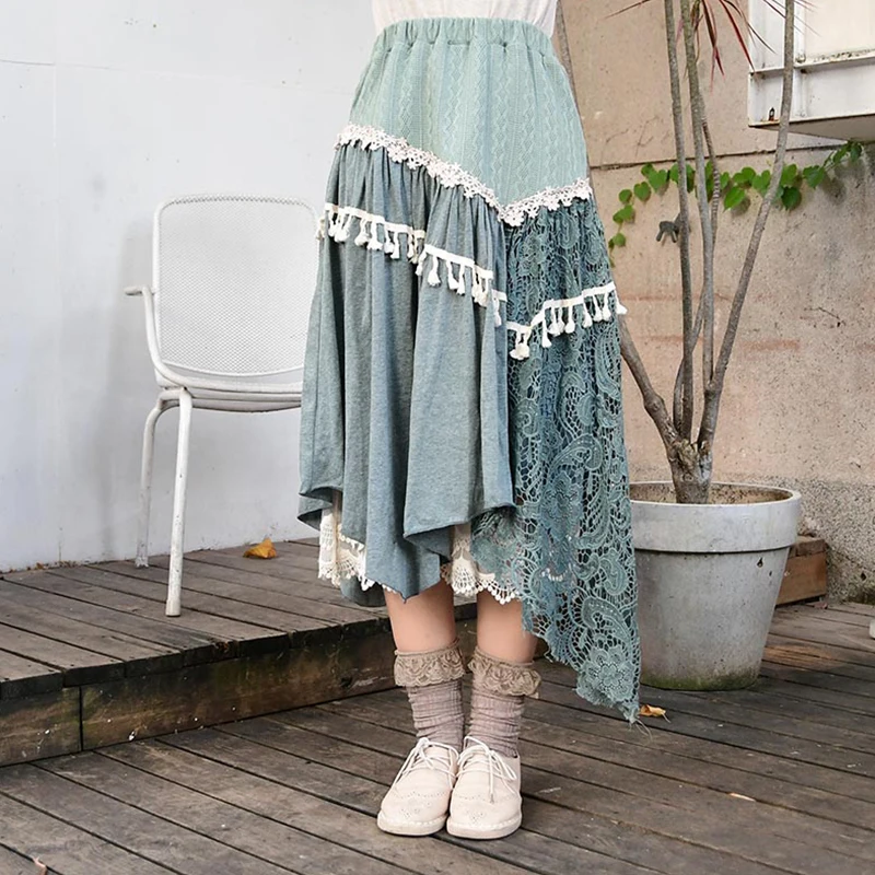 

Spring Mori Girl Japanese Sweet Vintage Skirt Women Clothing Lace Patchwork Irregular Mid Calf Length Female Kawaii Skirts A296