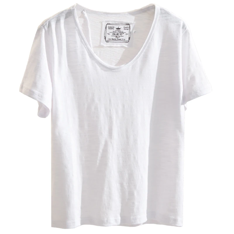 여성 브이넥 순백색 반팔 티셔츠, 루즈하고 얇은 반팔 상의, 한국 핑크, 여름 신상