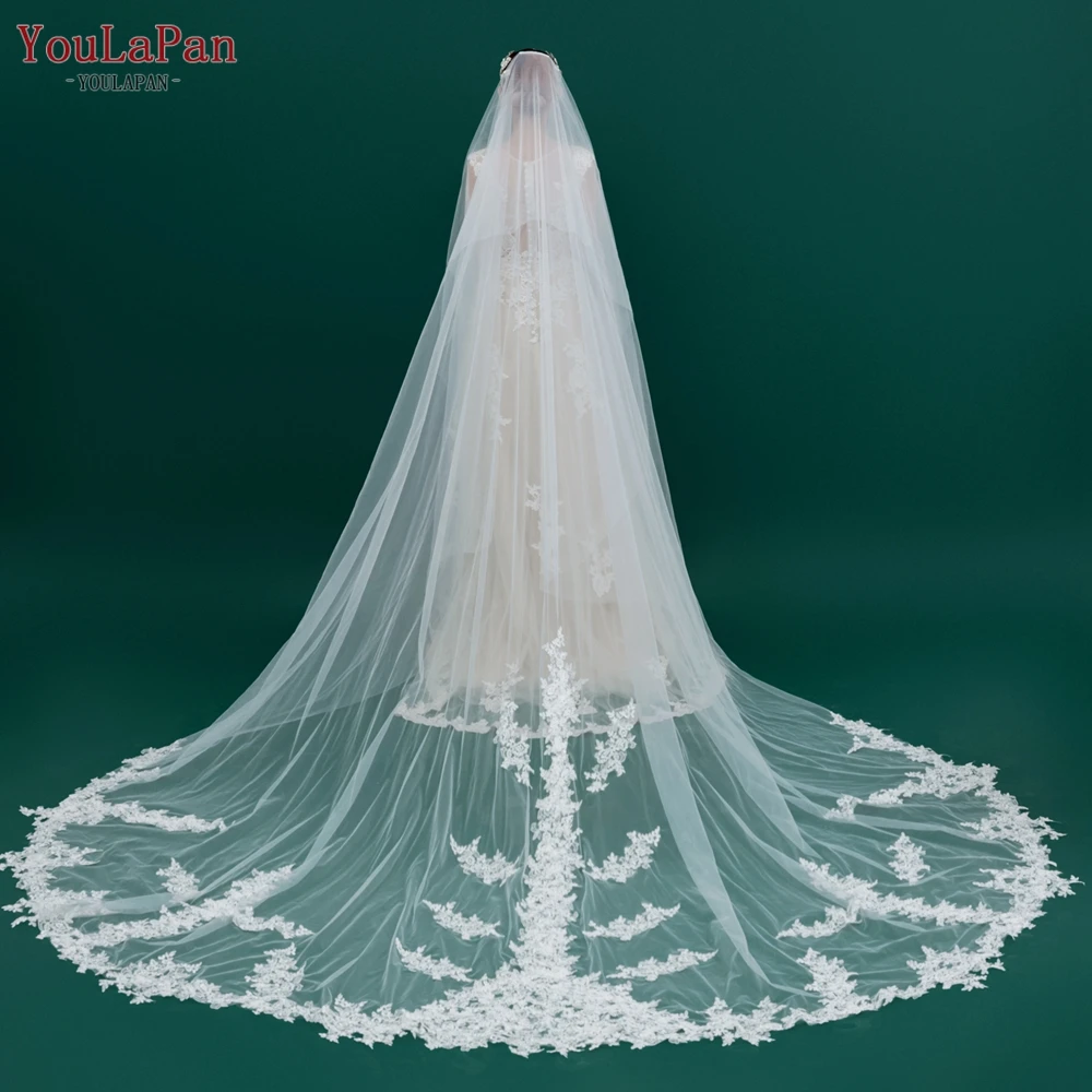 YouLaPan V116 velo de novia de encaje con colorete Mantilla de boda para iglesia Veu de novia con peine cubierta para la cabeza de iglesia de 2 niveles