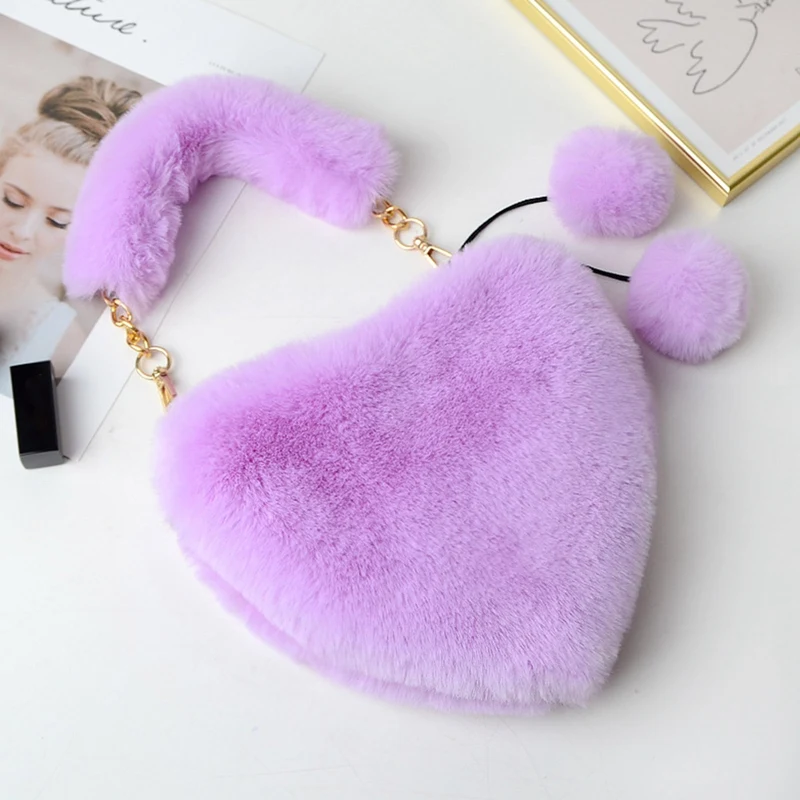 Heart Shape Winter Bag Women Plush Clutch Fashion Faux Fur Totes Underarm Handbags Party Shoulder Bags Female 2022 Hand Purse