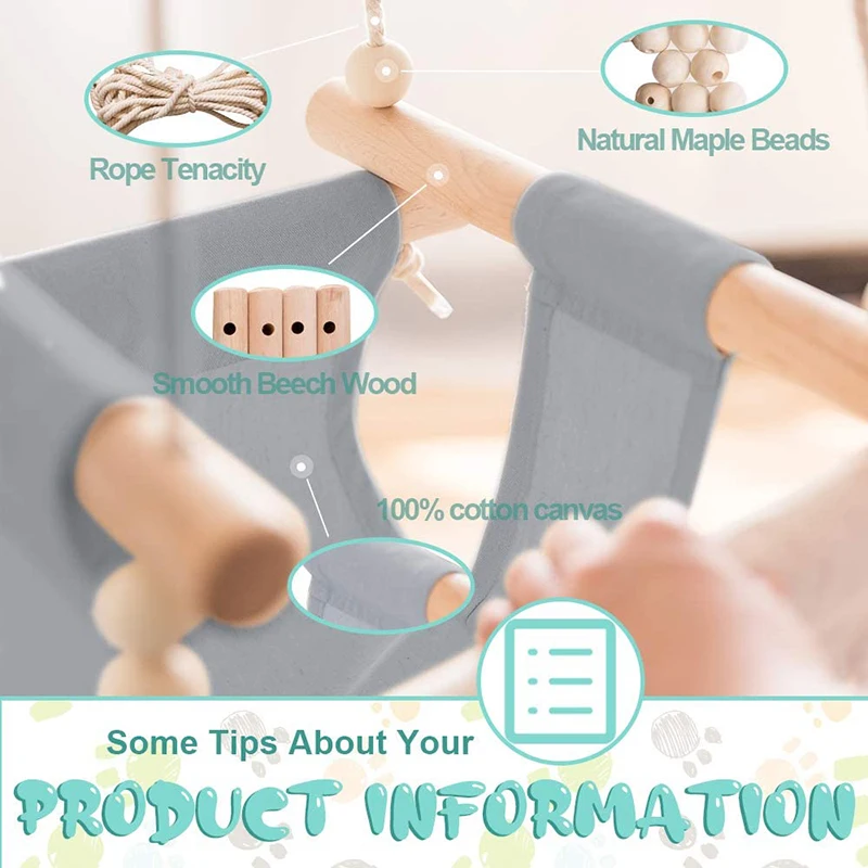 아기 캔버스 그네 의자 걸이식 나무 어린이 유치원 장난감, 외부 실내 작은 바구니, 베이지 스윙 흔들 의자 아기 장난감