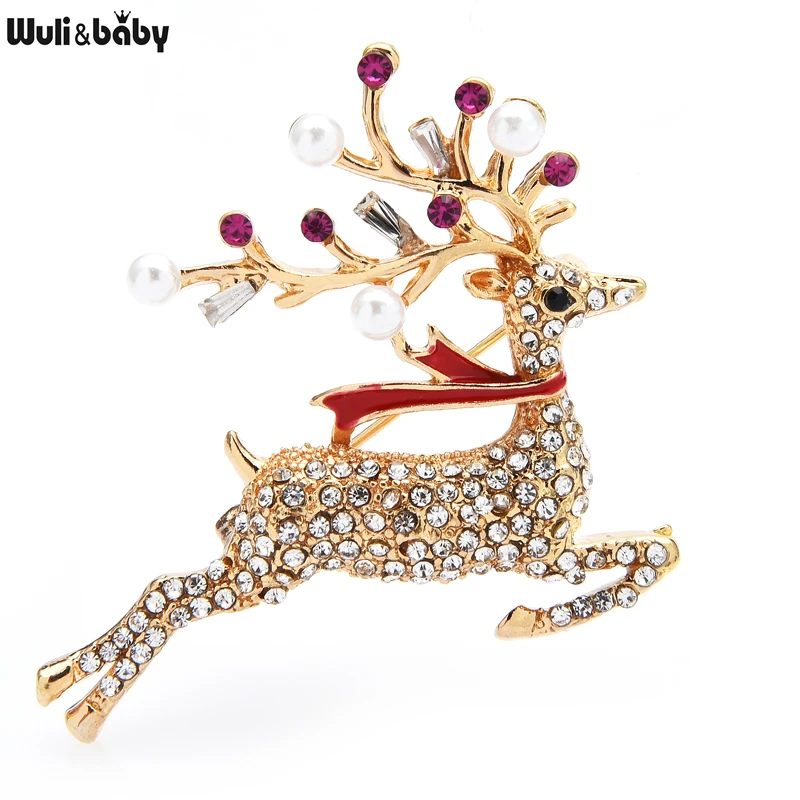 Wuli&babyRunning Chritmas Deer Brooch Multicolor Simulated-pearl Jewelry Accessory 2021 New Year Gift