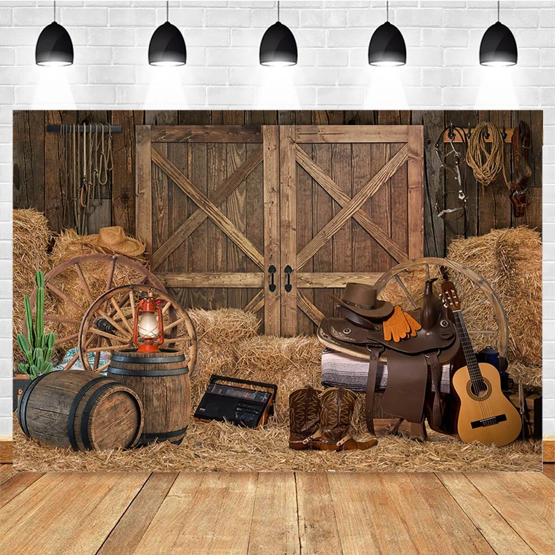 Mocsicka Autumn Farm Photography Background Haystack Denim Clothes Wooden Door Decoration Child Portrait Photo Backdrop Studio