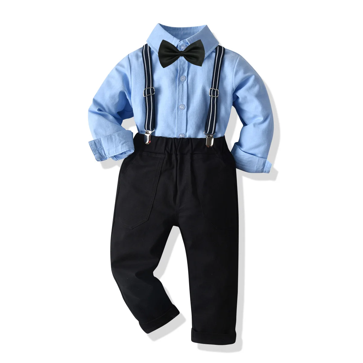 

Boys Gentleman Suit Spring And Autumn New Children's Long-Sleeved Striped Bow Tie Shirt Sapphire Blue Overalls