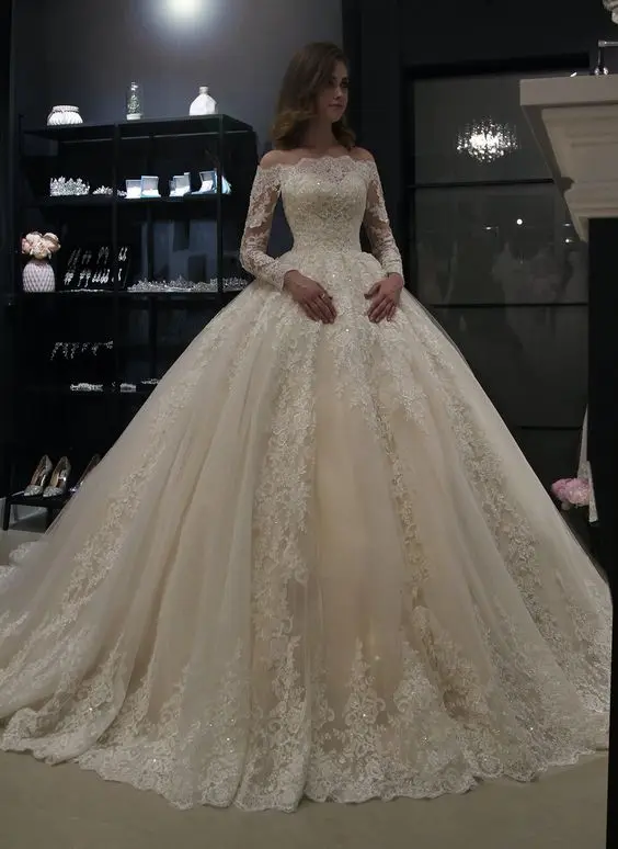 Abiti da sposa principessa al largo della spalla abiti da sposa in pizzo a maniche lunghe con cerniera sul retro abito da ballo da sposa Vestido De Novia