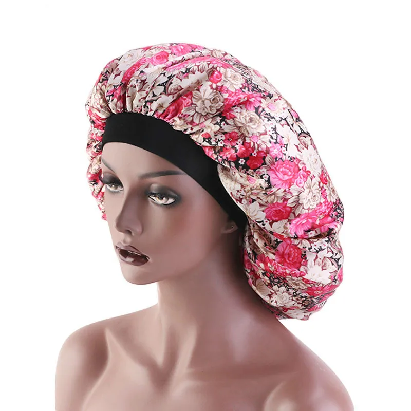 Large Silk Sleeping Hat Lady Elastic Wide Side Satin Printed Night Cap Hair Loss Cap Turban Chemo Hat Women Hair Accessories