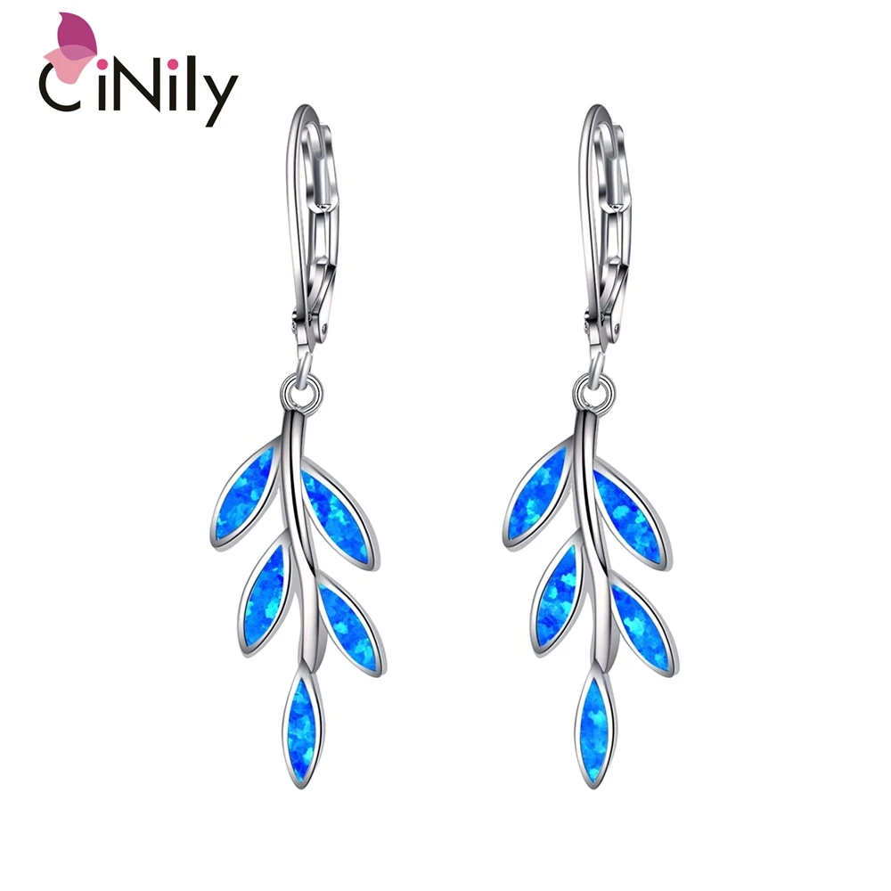 CiNily Fire White Opal Hoop Earrings Sliver Plated Exquisite Leaf Suspension Drop Earrings for Women Girls Fashion Jewelrys