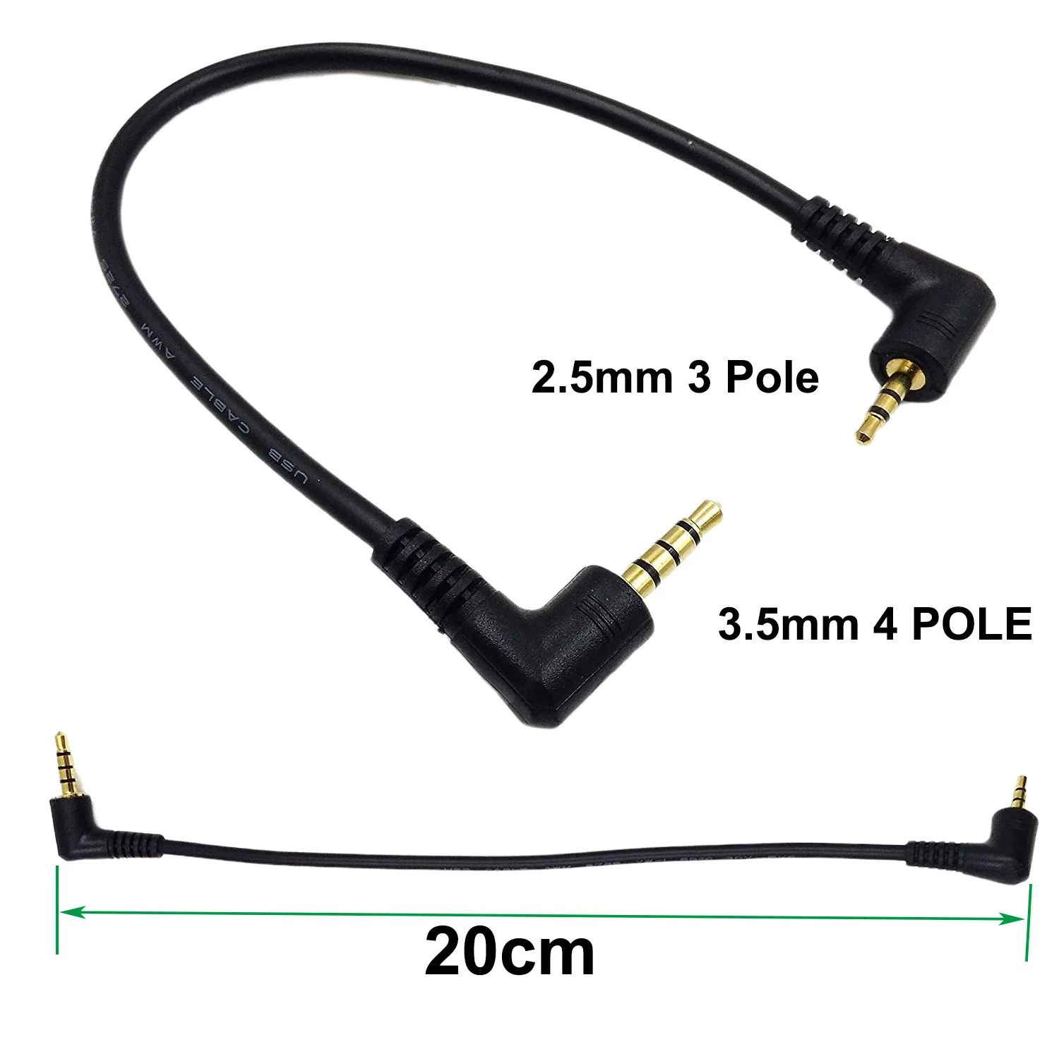 1pc 90 Degree Right Angle 3.5mm 4 Pole Male to 2.5mm 3 Pole Male Headset Stereo Audio Aux Extender Adapter Jack Cable 20cm