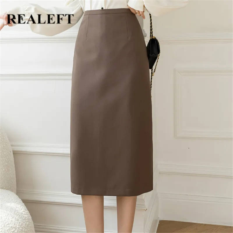 REALEFT 2021 New Autumn Women's Skirts Vintage High Waist Solid Color Office Ladies Casual Work Wear Pencil Midi Skirts Female