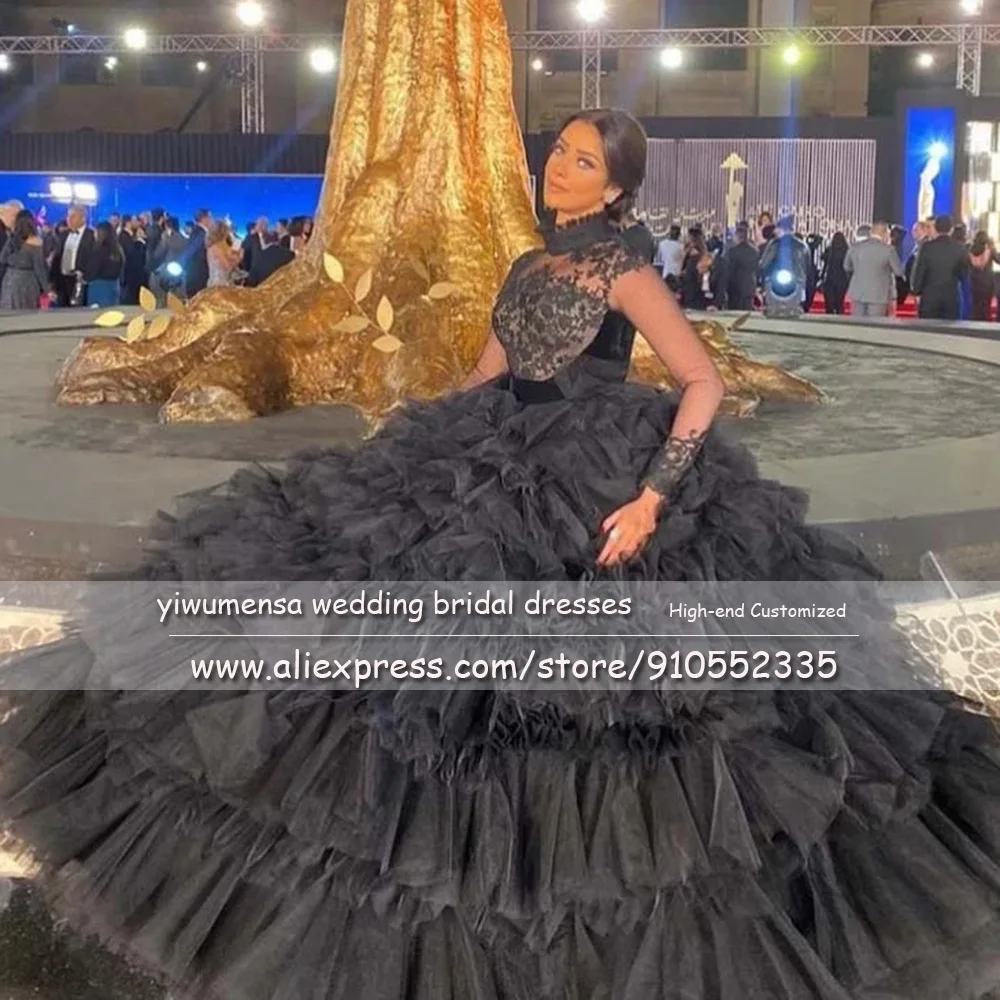 Luxury Arabic Dubai Tiered Ruffles Ball Gown Black Tulle Formal Evening Dress Plus Size High Neck Long Sleeves Prom Dresses
