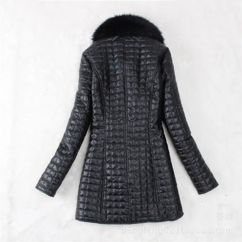 Frauen Winter dicken warmen Pelz kragen Pu Lederjacke Mantel Damen schlanke schwarze Farbe lange Jacken Büro Oberbekleidung