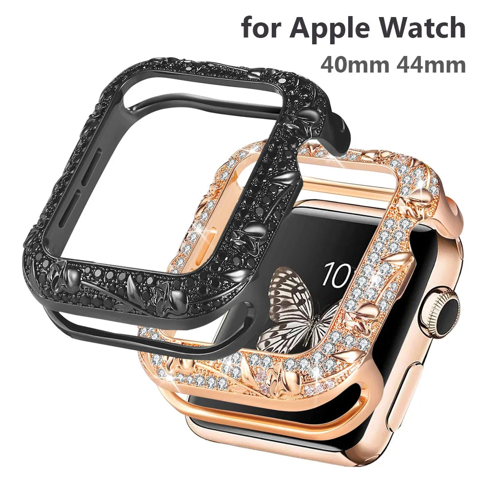 Gorgeous Bling Zircon Bezel Cover for Apple Watch Case Series 6 5 4 3 SE 44mm 40mm Floral Stainless Luxury Protector Woman Black