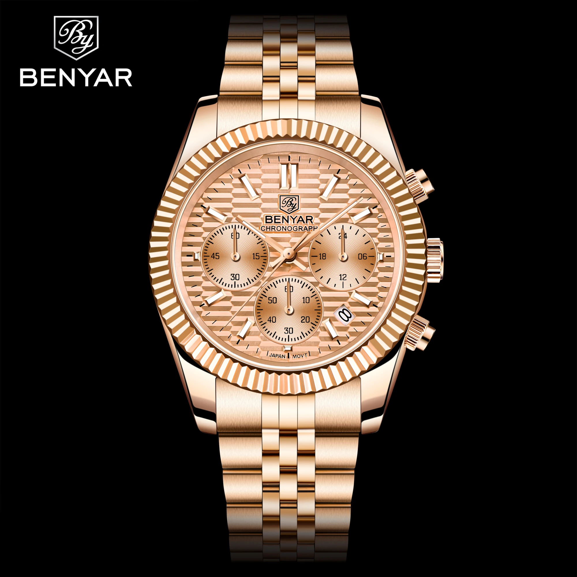 

BENYAR New Luxury Men Quartz Wristwatches Sapphire Glass Stainless Steel Chronograph 100M Waterproof Watch for Men reloj hombre