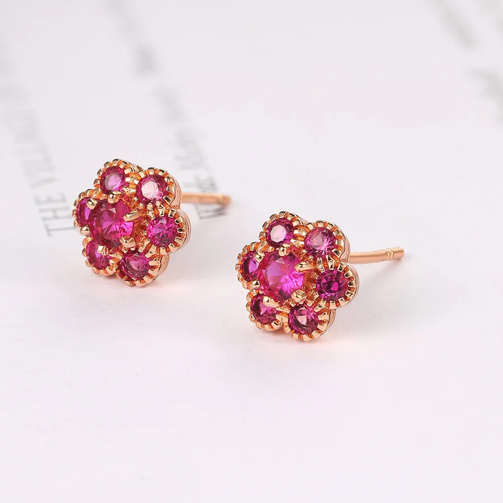 Double Fair 2024 NEW Romantic Flower Stud Earrings For Women Little Cute Red AAA+CZ Birthday Gift For Girls Fashion Jewelry E134