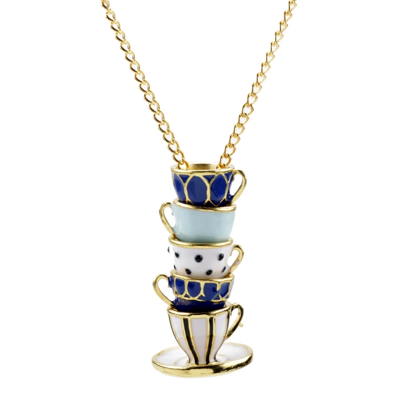 Fashion Enamel Coffee Cup Necklace Alice Teacup Pendants Sweater Chain Clothing Accessories For Women Girl Jewelry