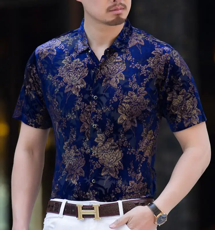 

Cool See Summer Through Silk Shirts Men's Blue Short Sleeve Business Casual Floral Transparent Dress Thin Soft Shirt