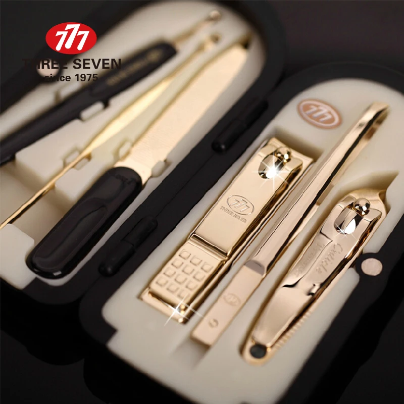 Conjunto de tosquiadores de unha de luxo três sete/777 6 peças, kit cortador de unhas profissional banhado a ouro 14k, ferramentas de cuidados para manicure, presentes