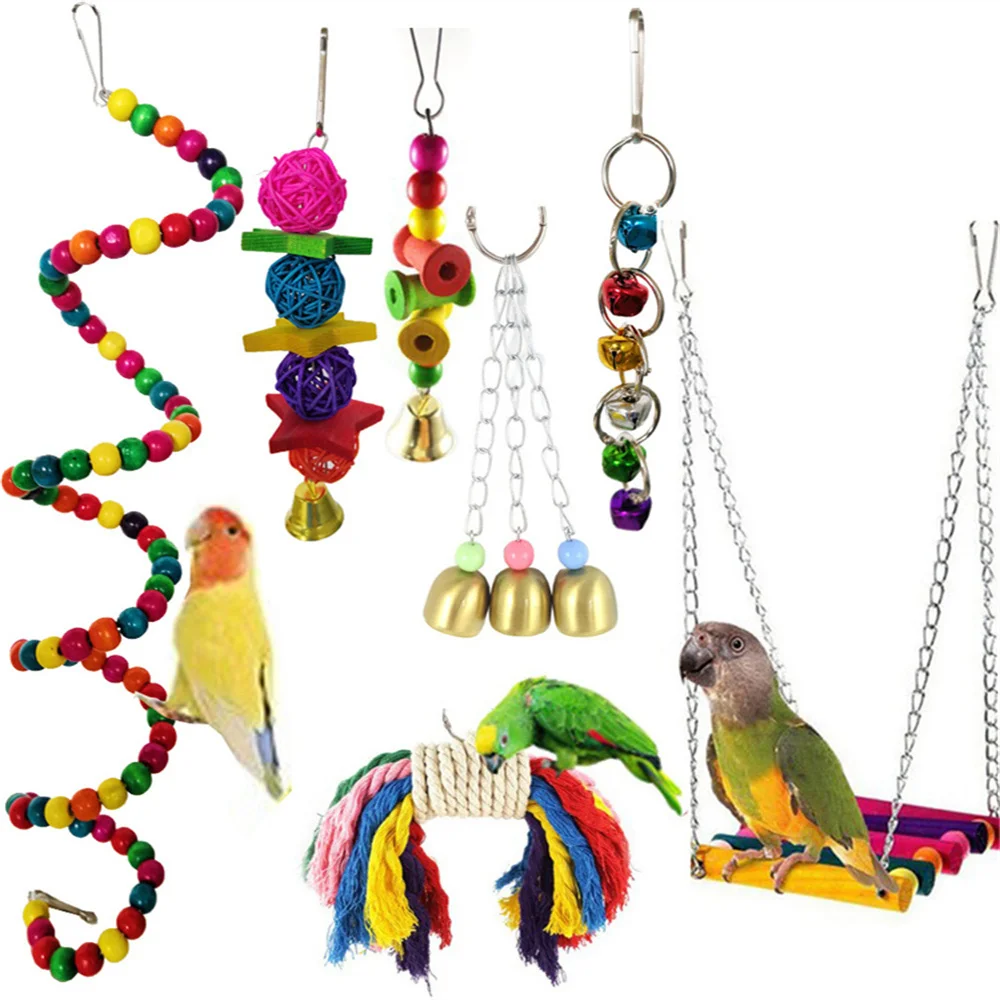 

7-piece set, swing, cotton rope, wooden beads, spool, combined parrot toy, bird supplies, parrot bite toy, bird toy