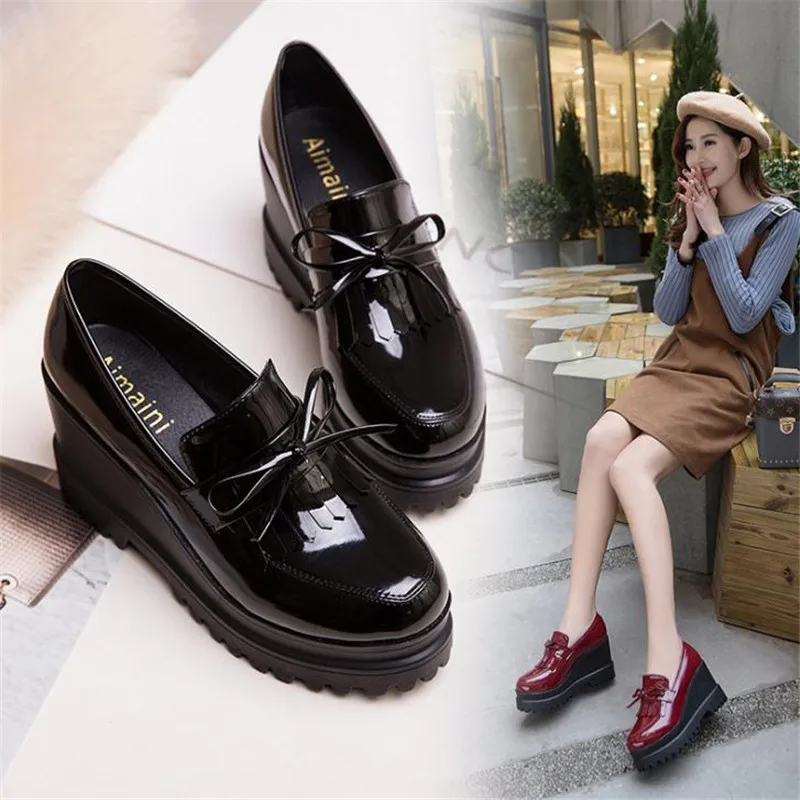 Spring Flat Platform Shoes Women\'s Oxfords Shoes Shallow Casual Solid Height Increasing Brogue Shoe Women Creepers