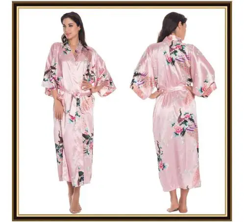 Half Sleeve Loose Style Woman Japanese Kimono Satin Silk Sleepwear Pajamas Peacock Spa Yukata Bathing Robe Lady\'s Long Dress